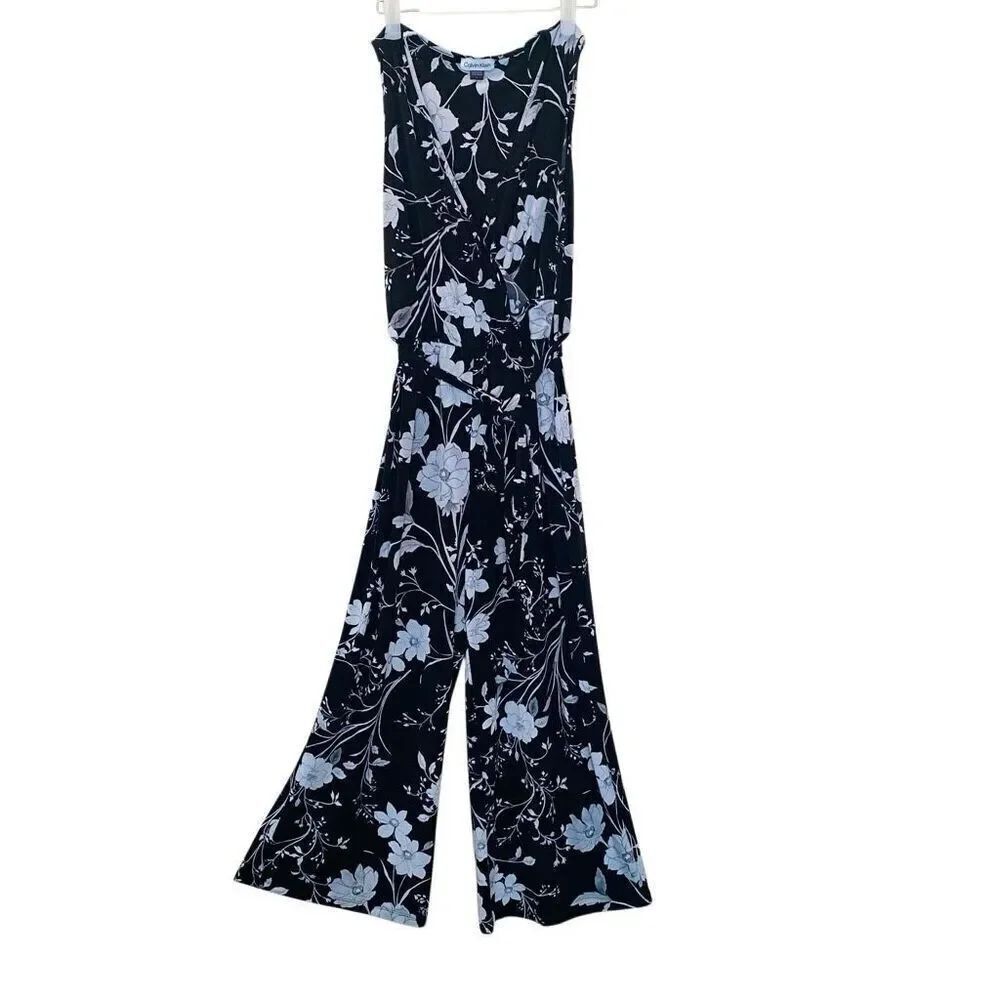Calvin Klein Floral Sleeveless Faux Wrap Cropped Jumpsuit Black White Size 6